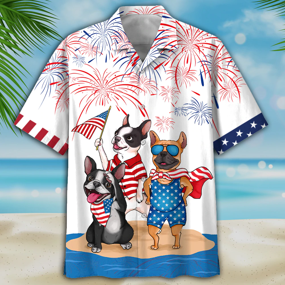 Funny French Bulldog Hawaiian Shirt Full Printed For 4Th Of July Gifts, Patriotic Present Dog Hawaii Shirt Short Sleeve