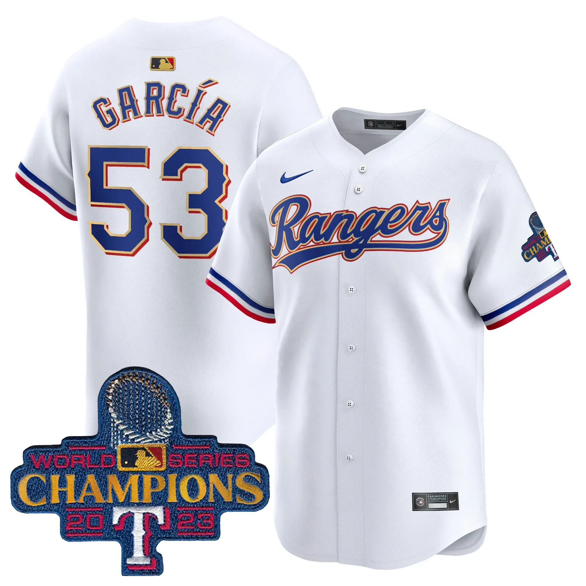 Adolis Garcia Texas Rangers Gold Trim World Series Champions White Jersey – All Stitched