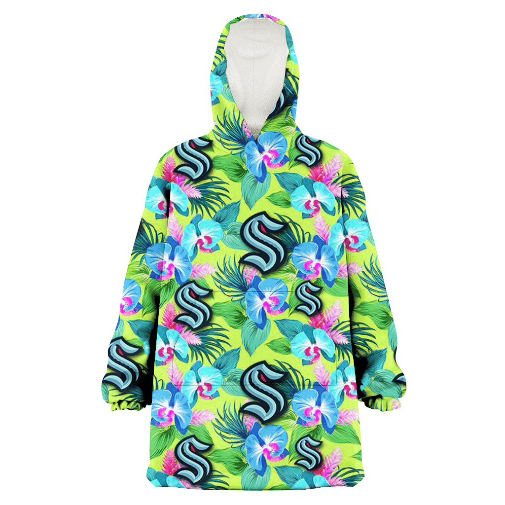 Seattle Kraken Blue Orchid Green Pink Leaf Green Background 3D Printed Hoodie Blanket Snug Hoodie