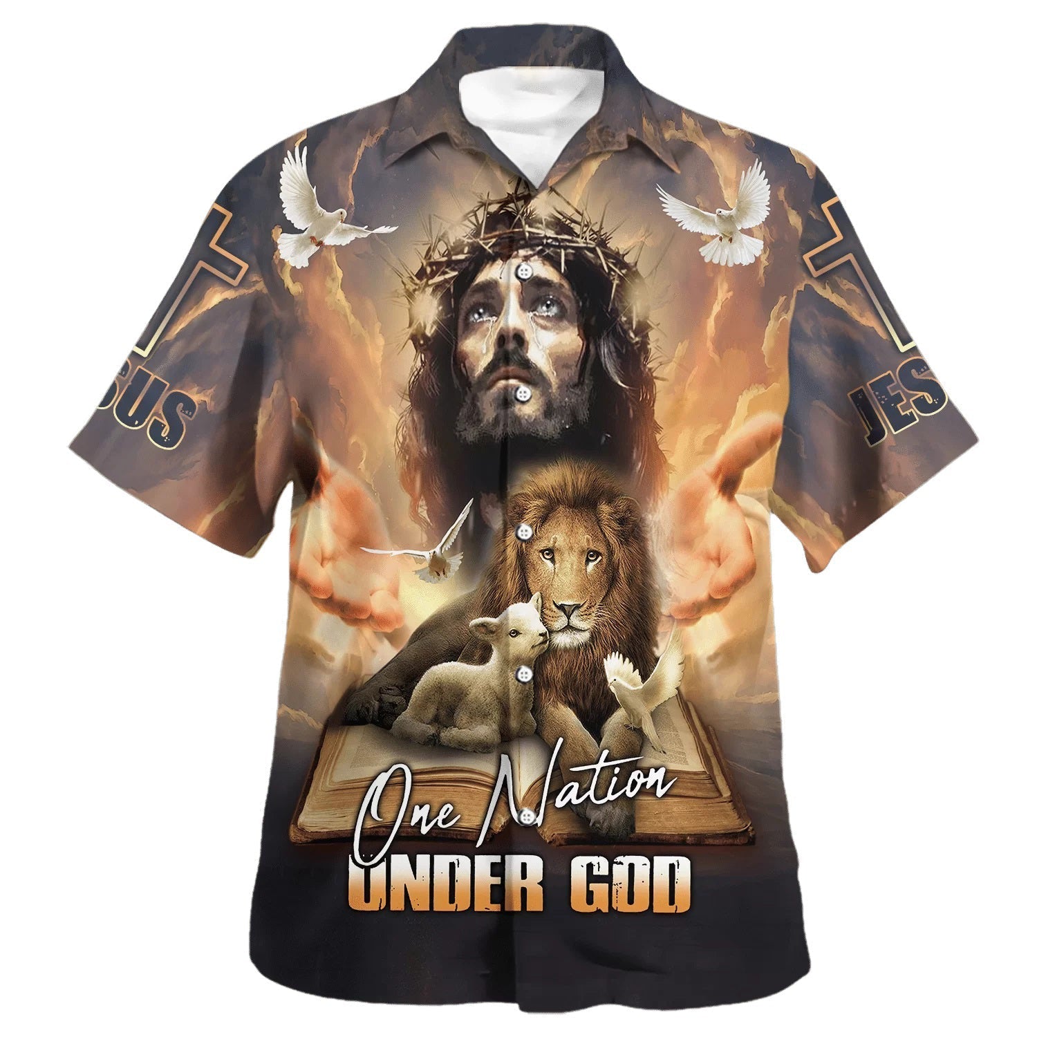 One Nation Under God Jesus Lion Cross Hawaiian Shirt – Christian Hawaiian Shirt – Religious Hawaiian Shirts