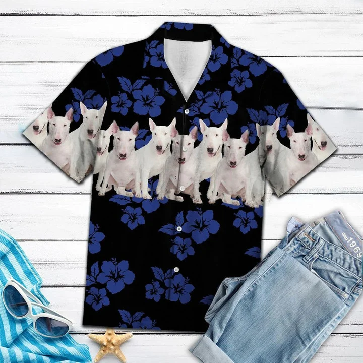 Awesome Bull Terrier Tropical Hibiscus On Black Hawaiian Shirt