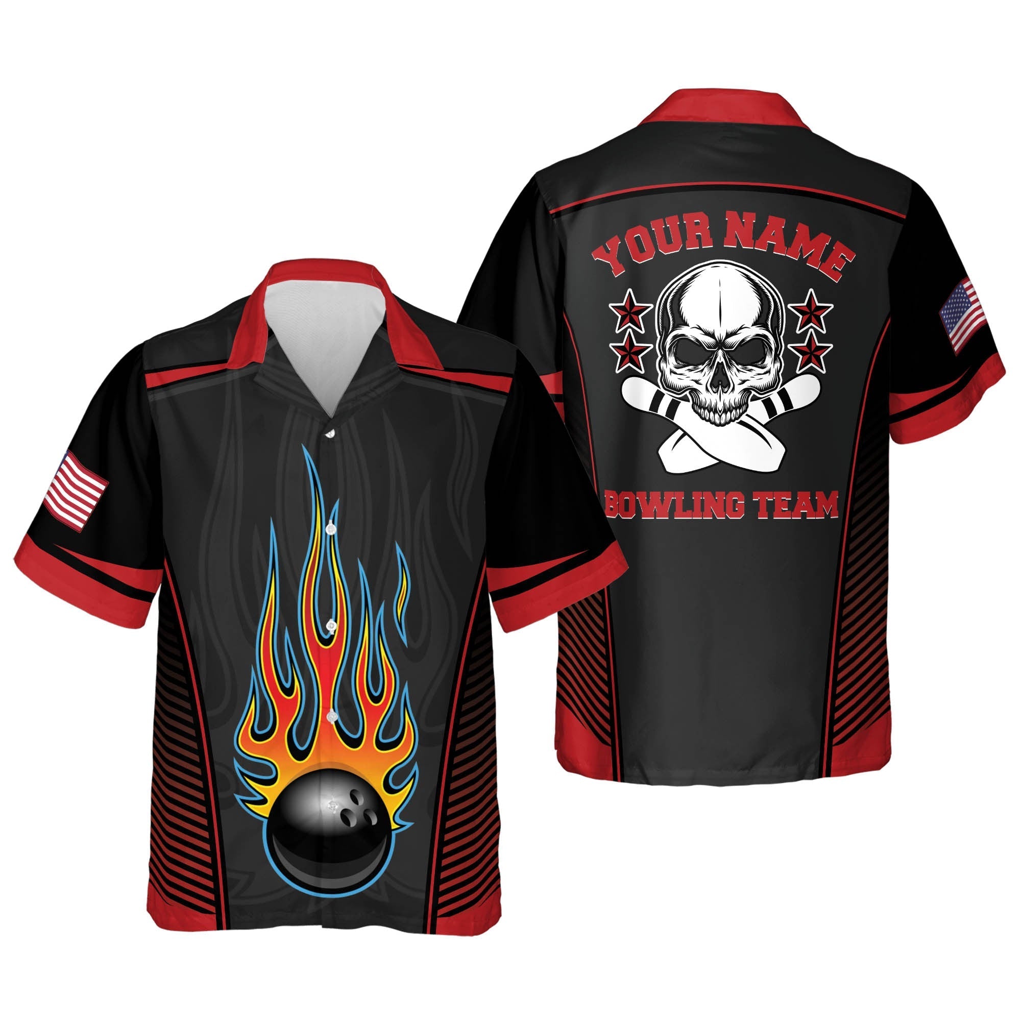 Flame Skull Button-Down Bowling Hawaiian Shirt, Bowling Team Shirt, Bowling Gift