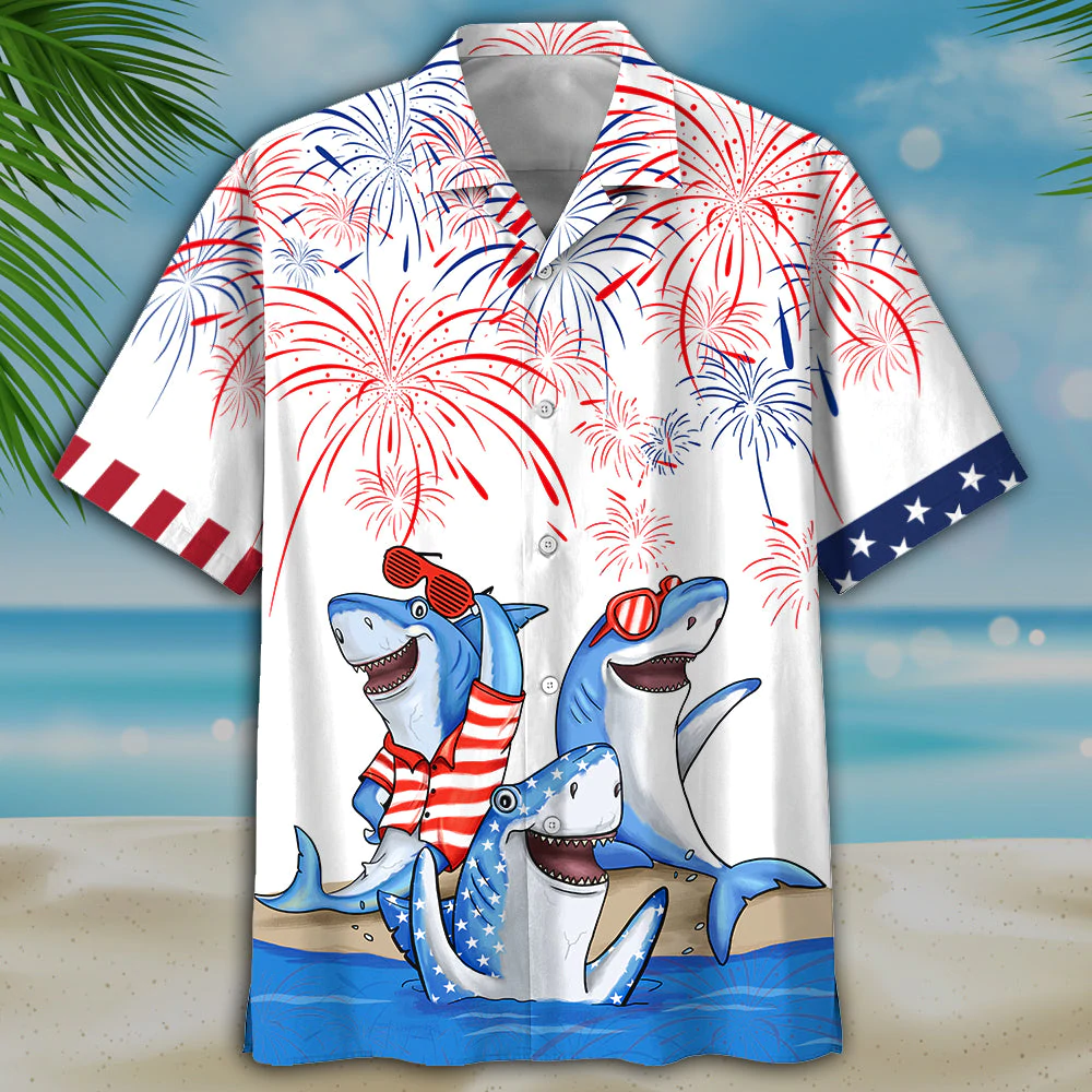 Men’S 4Th Of July Shark Hawaiian Shirt – Independence Day Hawaiian Shirt, Usa Patriotic Hawaiian Shirt