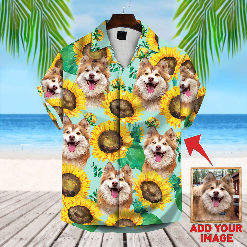 Custom Photo Dog Sunflower & Green Pattern Short-Sleeve Hawaiian Shirt, Perfect Shirt For Dog Lovers