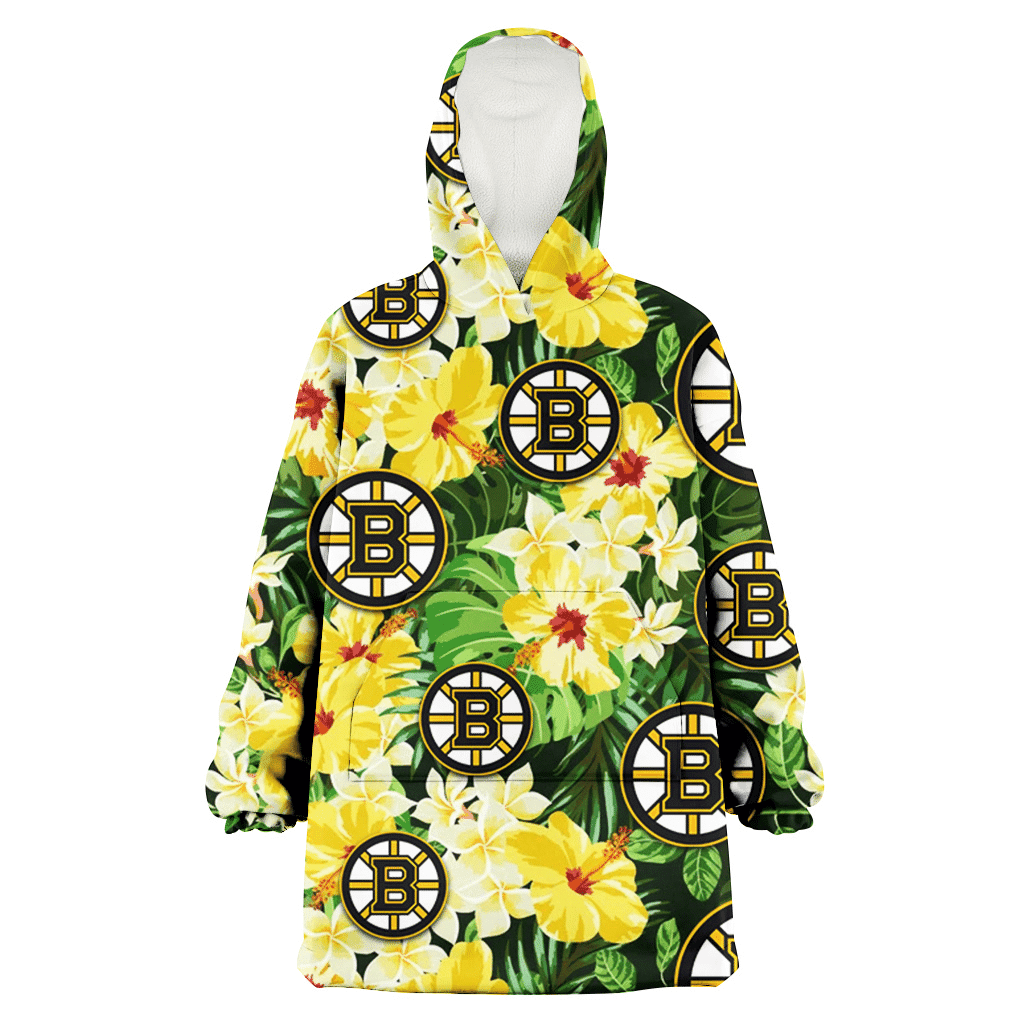 Boston Bruins Yellow Hibiscus Tropical Green Leaf Black Background 3D Printed Hoodie Blanket Snug Hoodie