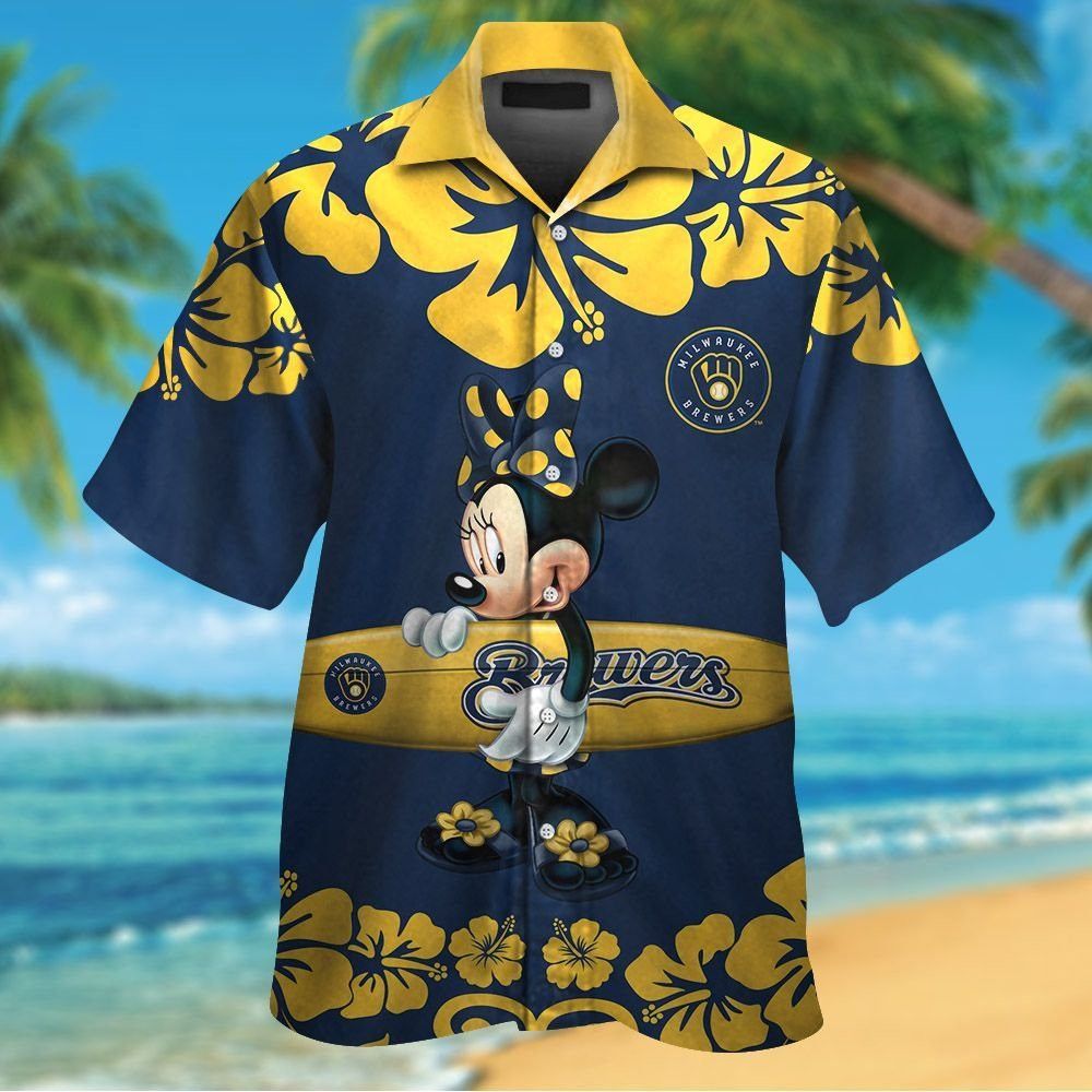 Milwaukee Brewers Minnie Mouse Short Sleeve Button Up Tropical Hawaiian Shirt