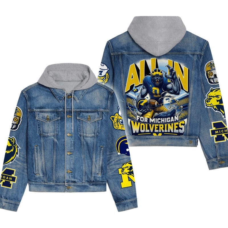 Michigan Wolverines NCAA Team Logo & Motto v5 3D Hooded Denim Jacket