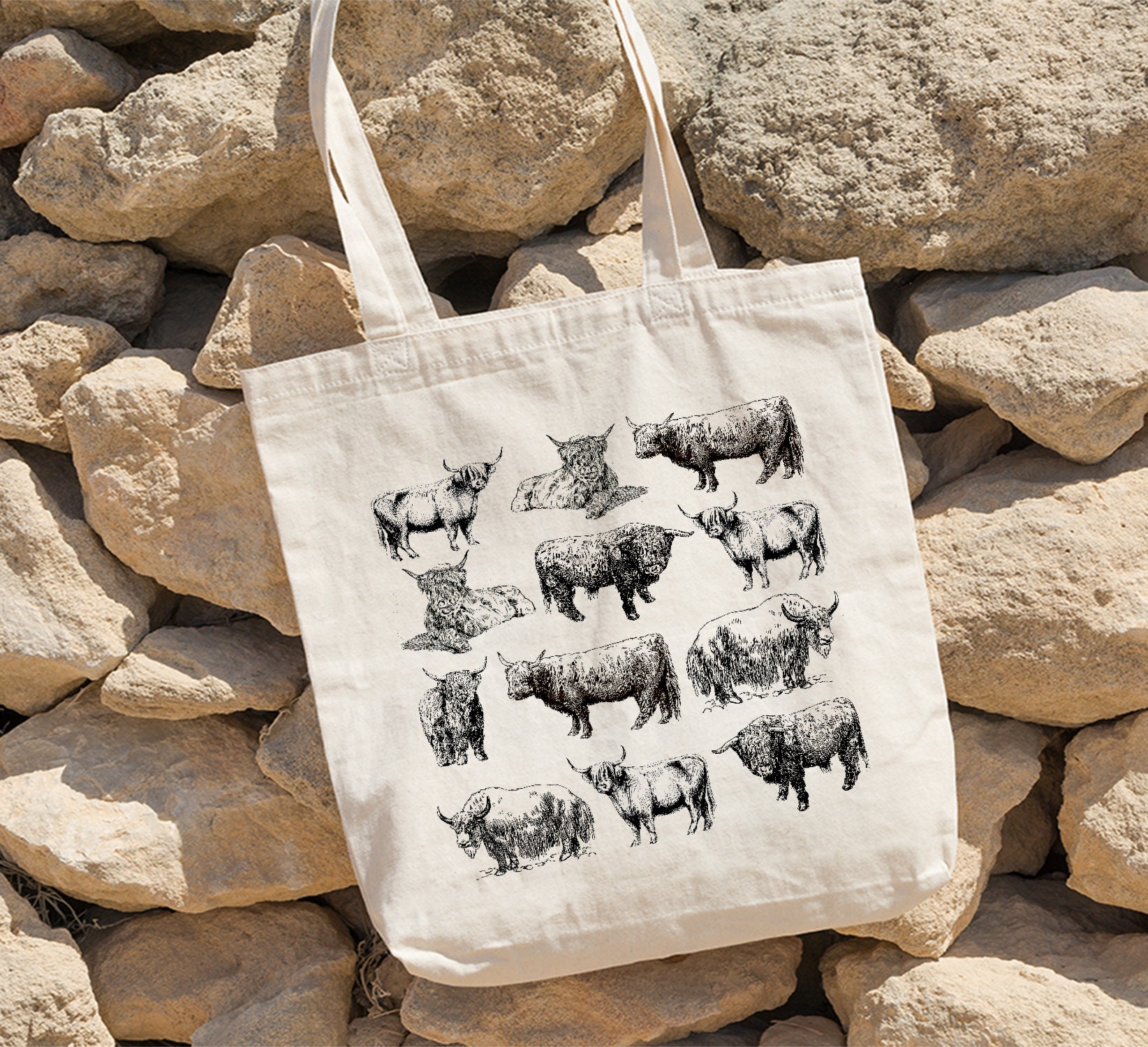 Highland Cow Tote Bag, Farm Tote Bag, Cow Bag, Farm Bag, Hand Drawn Design By Miumaxgift, Natural Cotton Tote Bag, Eco-Friendly Tote Bag