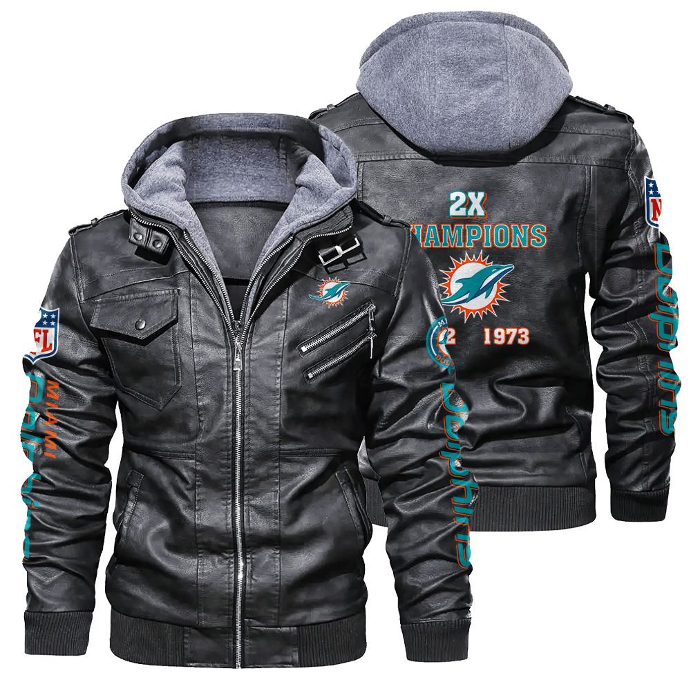 Miami Dolphins X Super Bowl NFL Champions Zip Black Leather Jacket With Hood