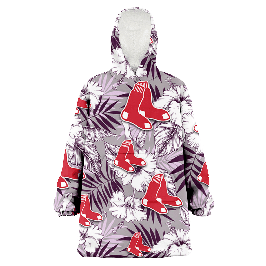 Boston Red Sox White Hibiscus Violet Leaves Light Grey Background 3D Printed Hoodie Blanket Snug Hoodie
