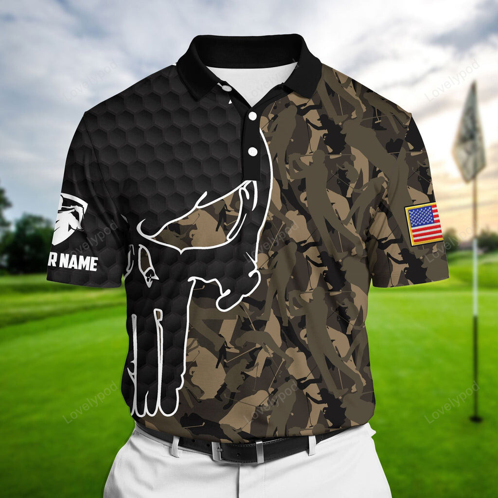 Brown Pride Best Crazy Skull Camouflage Golf Polo Shirts, Custom Name Polo Shirt For Men