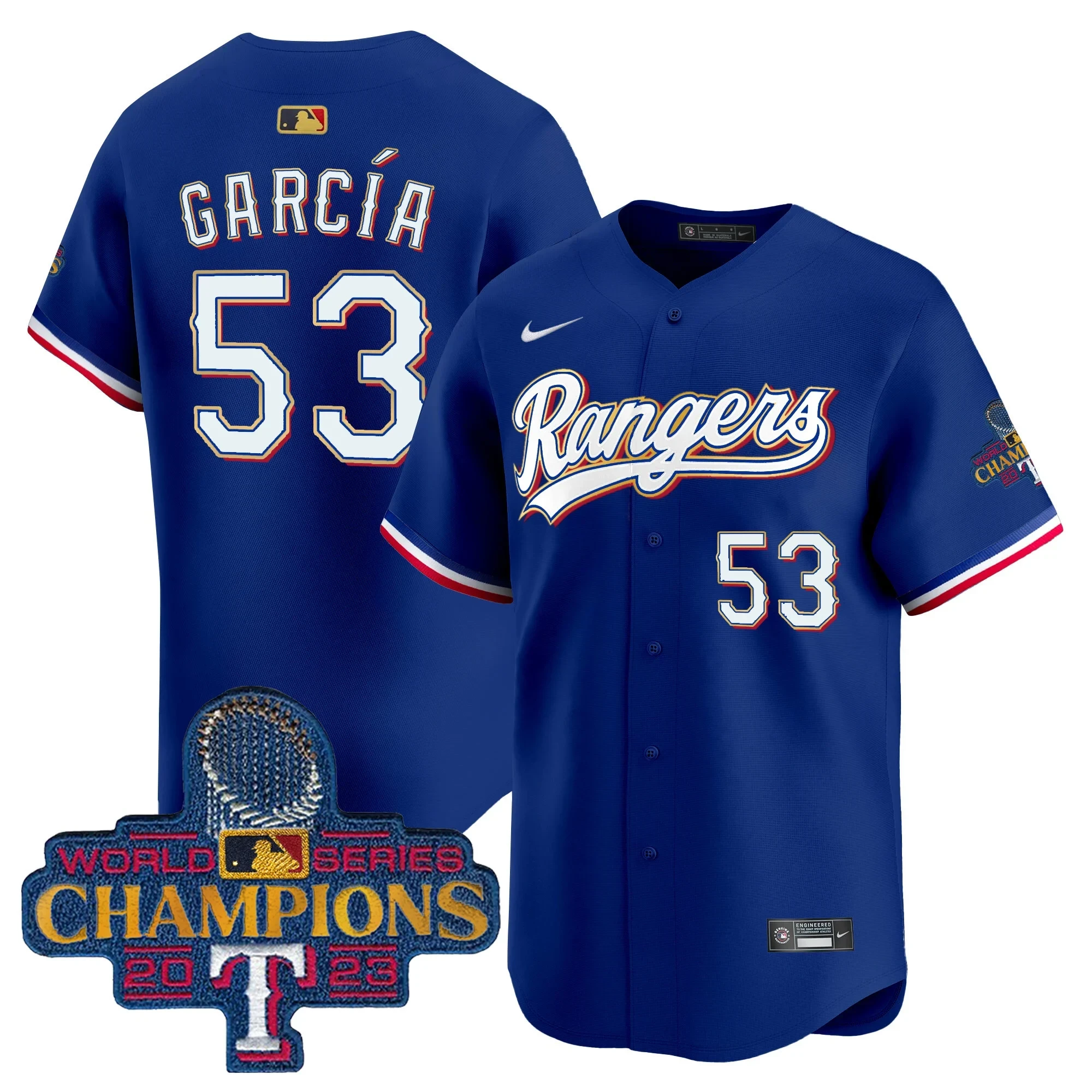 Texas Rangers Adolis Garcia Gold Trim World Series Champions Royal Jersey – All Stitched