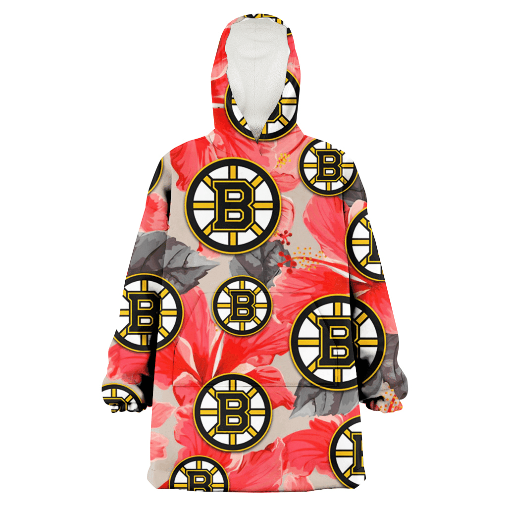 Boston Bruins Red Hibiscus Gray Leaf Beige Background 3D Printed Hoodie Blanket Snug Hoodie