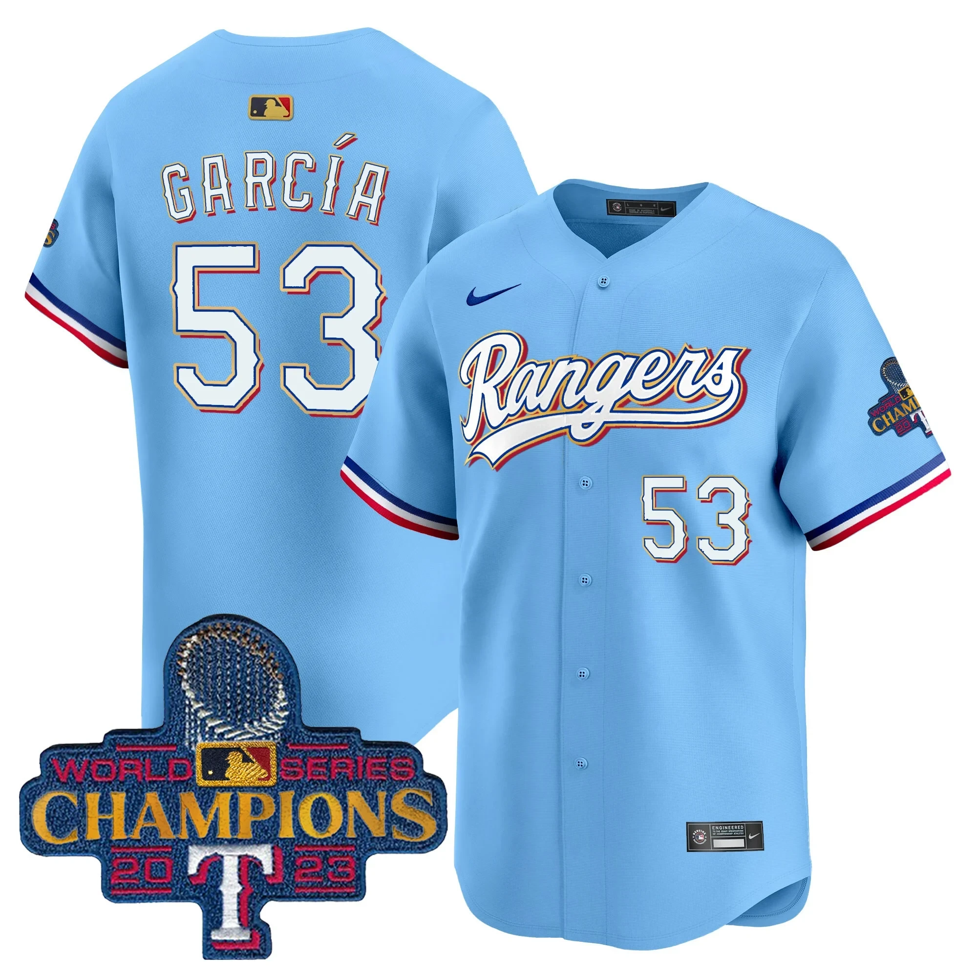 Texas Rangers Adolis Garcia Gold Trim World Series Champions Powder Blue Jersey – All Stitched