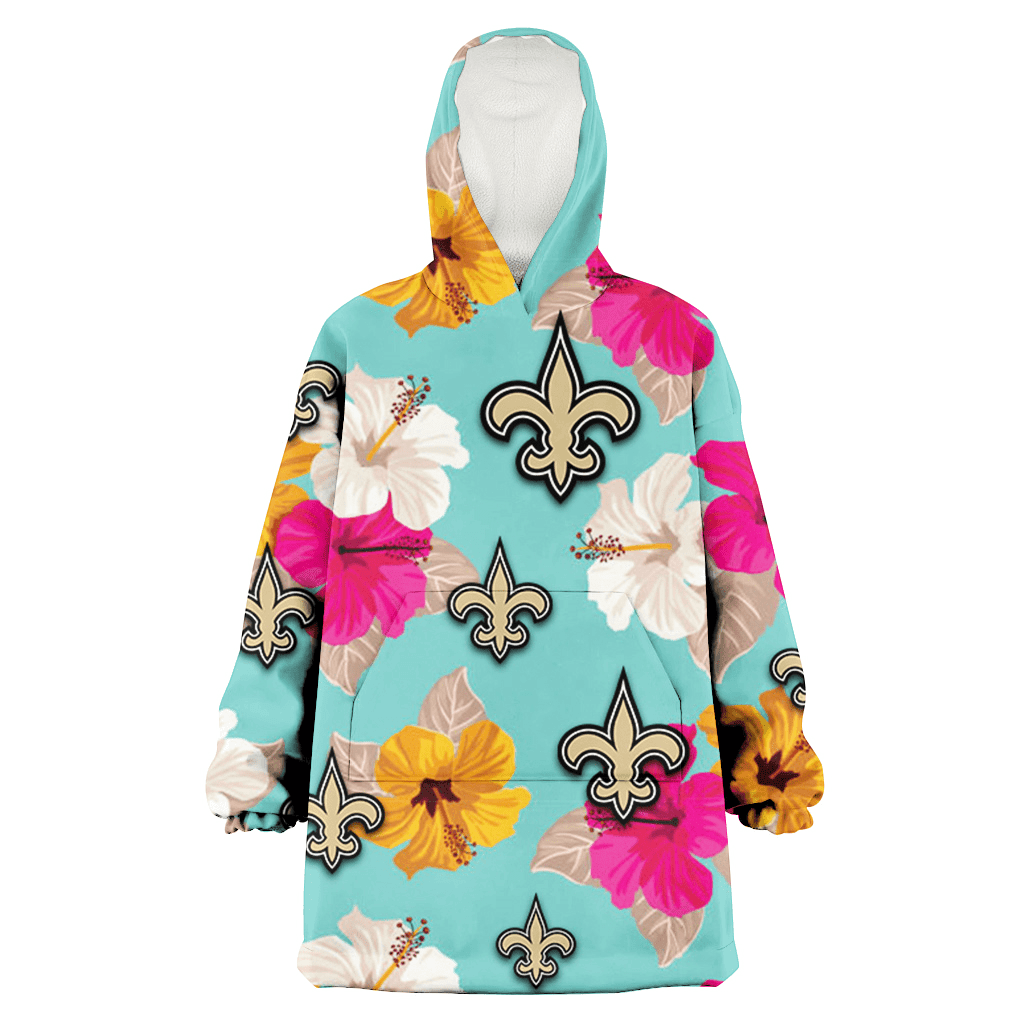 New Orleans Saints Pink Yellow White Hibiscus Turquoise Background 3D Printed Hoodie Blanket Snug Hoodie