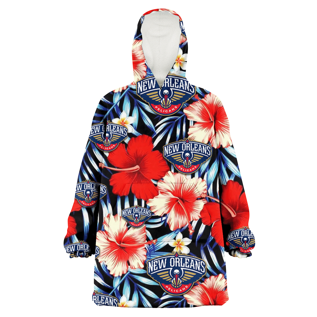 New Orlean Pelicans Coral Red Hibiscus Blue Palm Leaf Black Background 3D Printed Hoodie Blanket Snug Hoodie