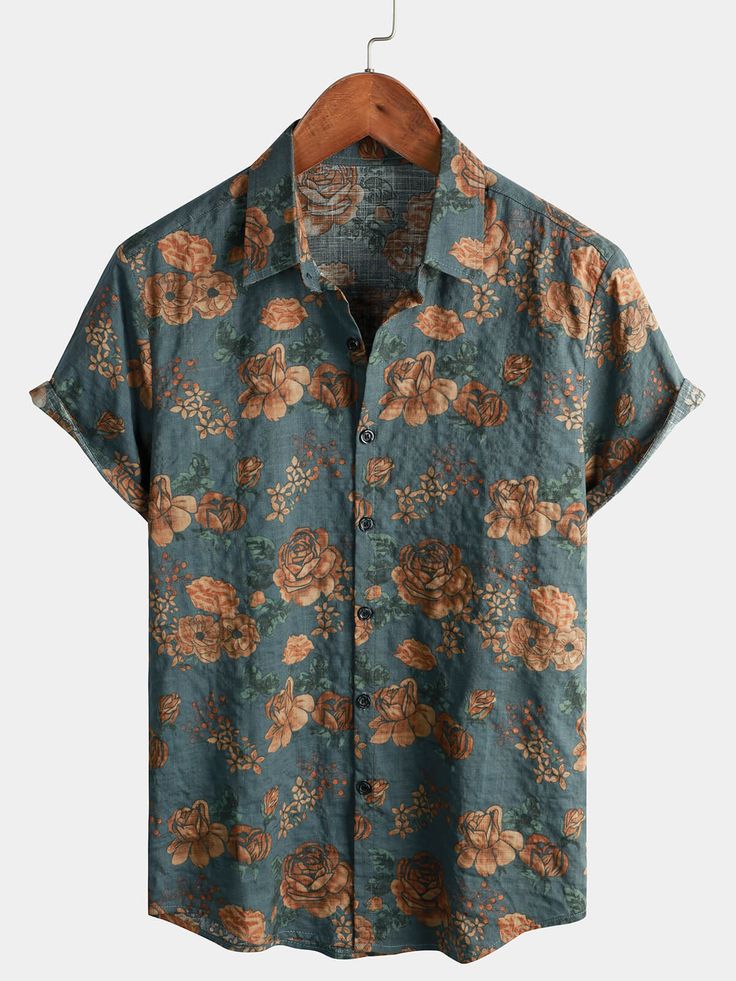 Mens Vintage Floral Retro Button Up …