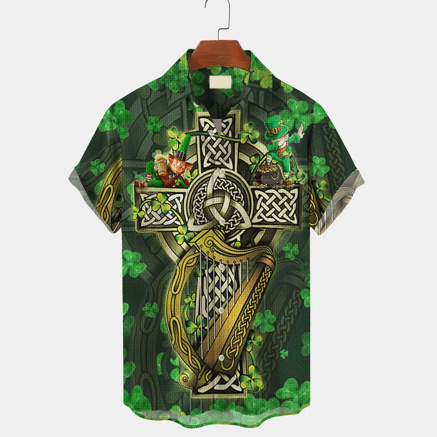 St. Patrick’S Men’S Hawaiian Shirts Viking Jesus Cross Art Stretch Aloha Shirts