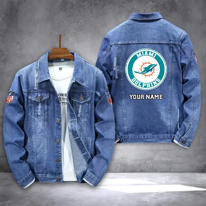 Miami Dolphins NFL Team Name Personalized Back Logo Blue Denim Jacket