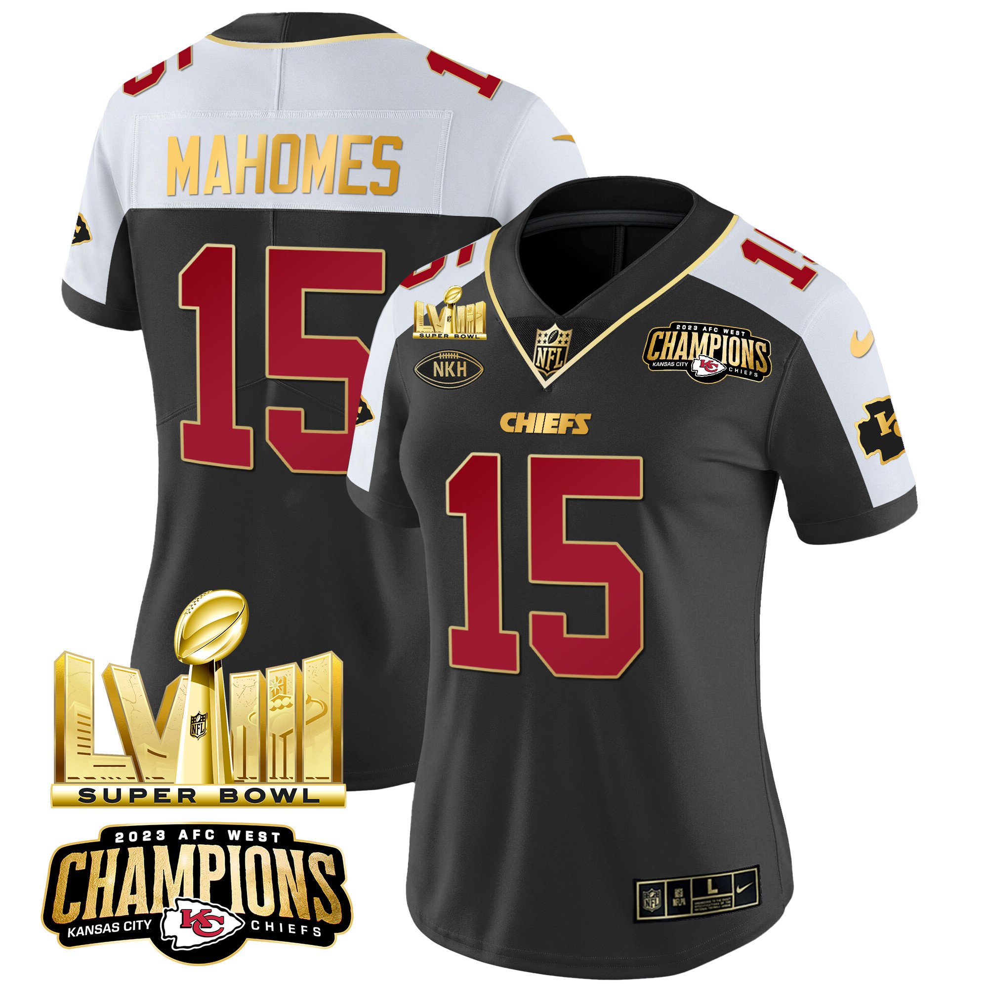 Women’S Chiefs Afc West Champions & Super Bowl Lviii Gold Patch Vapor Jersey – All Stitched