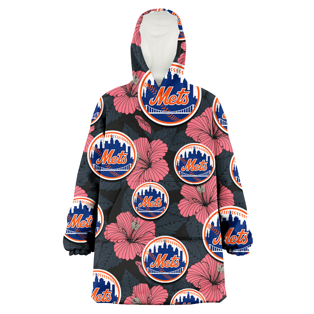 New York Mets Light Coral Hibiscus Gray Leaf Black Background 3D Printed Hoodie Blanket Snug Hoodie