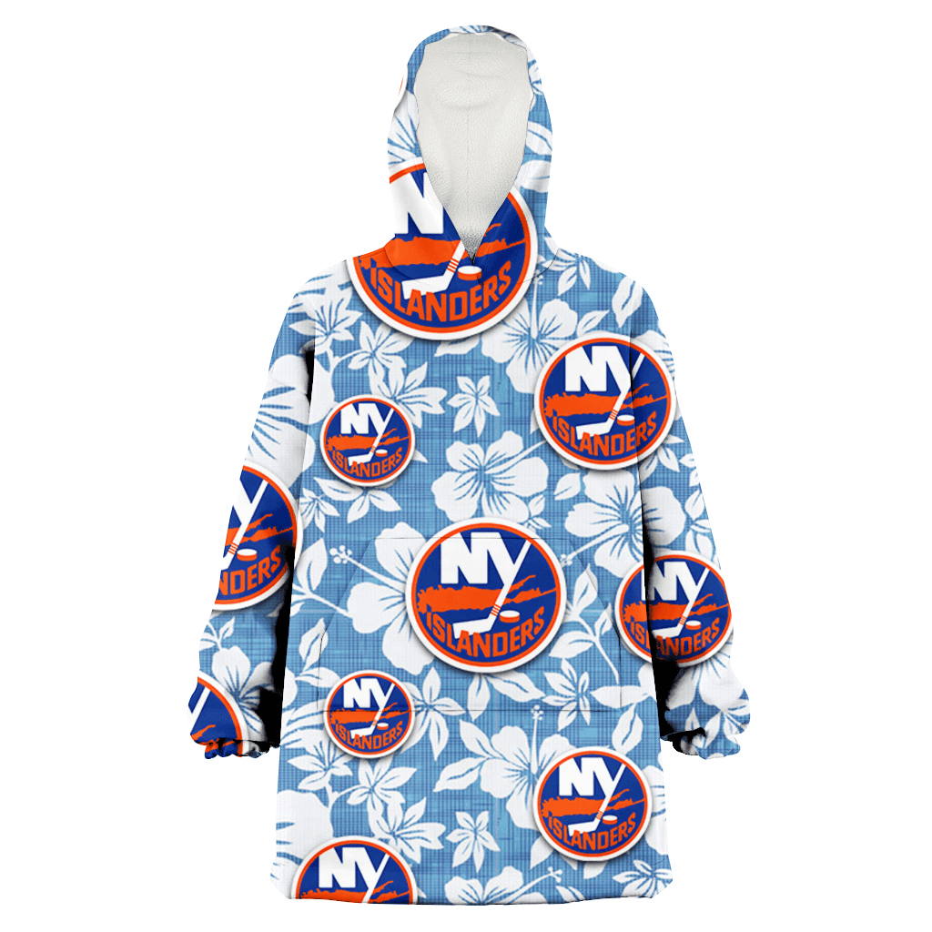 New York Islanders White Hibiscus Light Blue Texture Background 3D Printed Hoodie Blanket Snug Hoodie