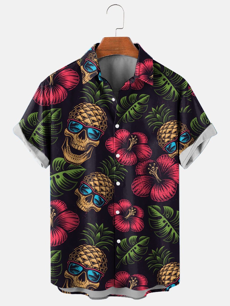 Men’S Hawaiian Pineapple Skull Casual Short Sleeve Shirt