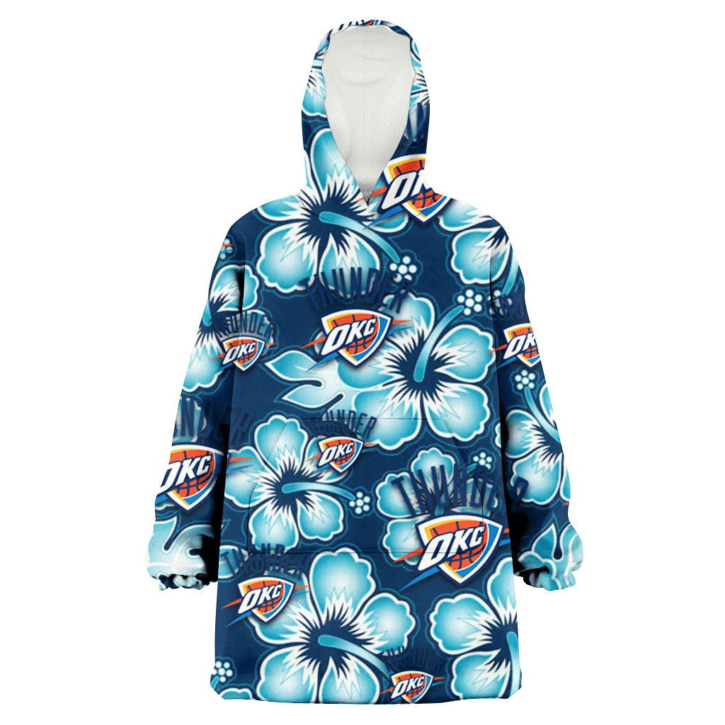 Oklahoma City Thunder Dark Turquoise Hibiscus Navy Background 3D Printed Hoodie Blanket Snug Hoodie