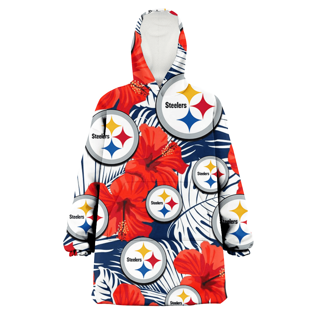 Pittsburgh Steelers White Tropical Leaf Red Hibiscus Navy Background 3D Printed Hoodie Blanket Snug Hoodie