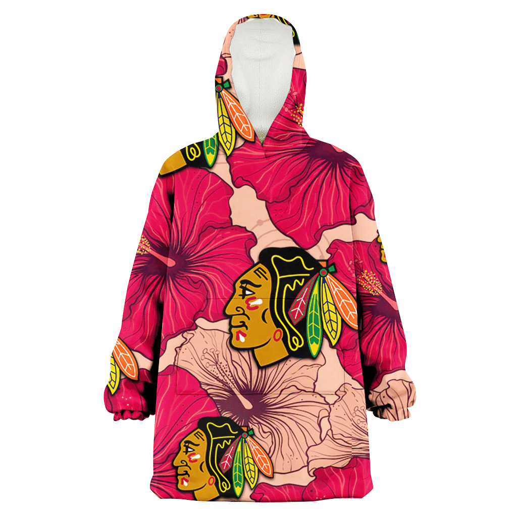 Chicago Blackhawks Red Beige Hibiscus Beige Background 3D Printed Hoodie Blanket Snug Hoodie