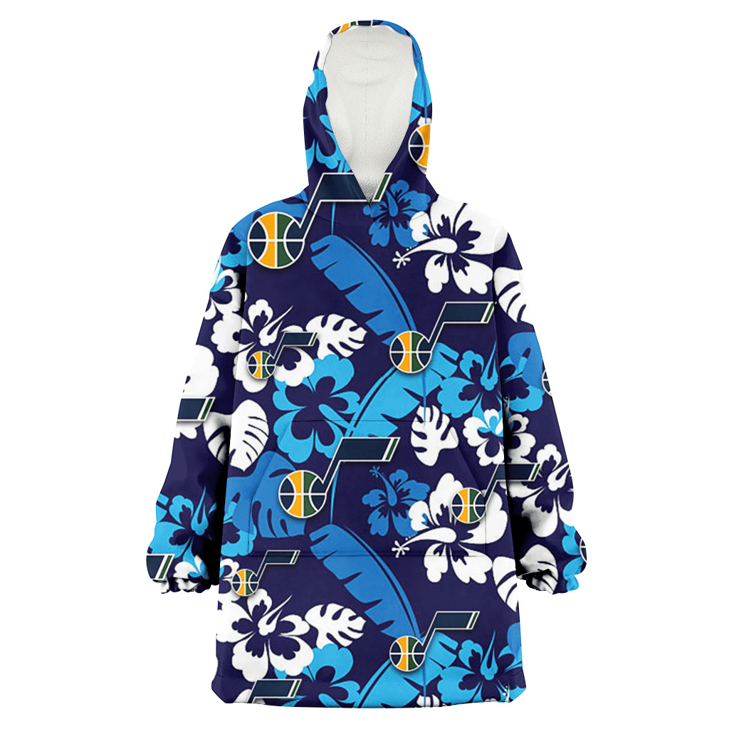 Utah Jazz Light Blue Hibiscus Banana Leaf Navy Background 3D Printed Hoodie Blanket Snug Hoodie