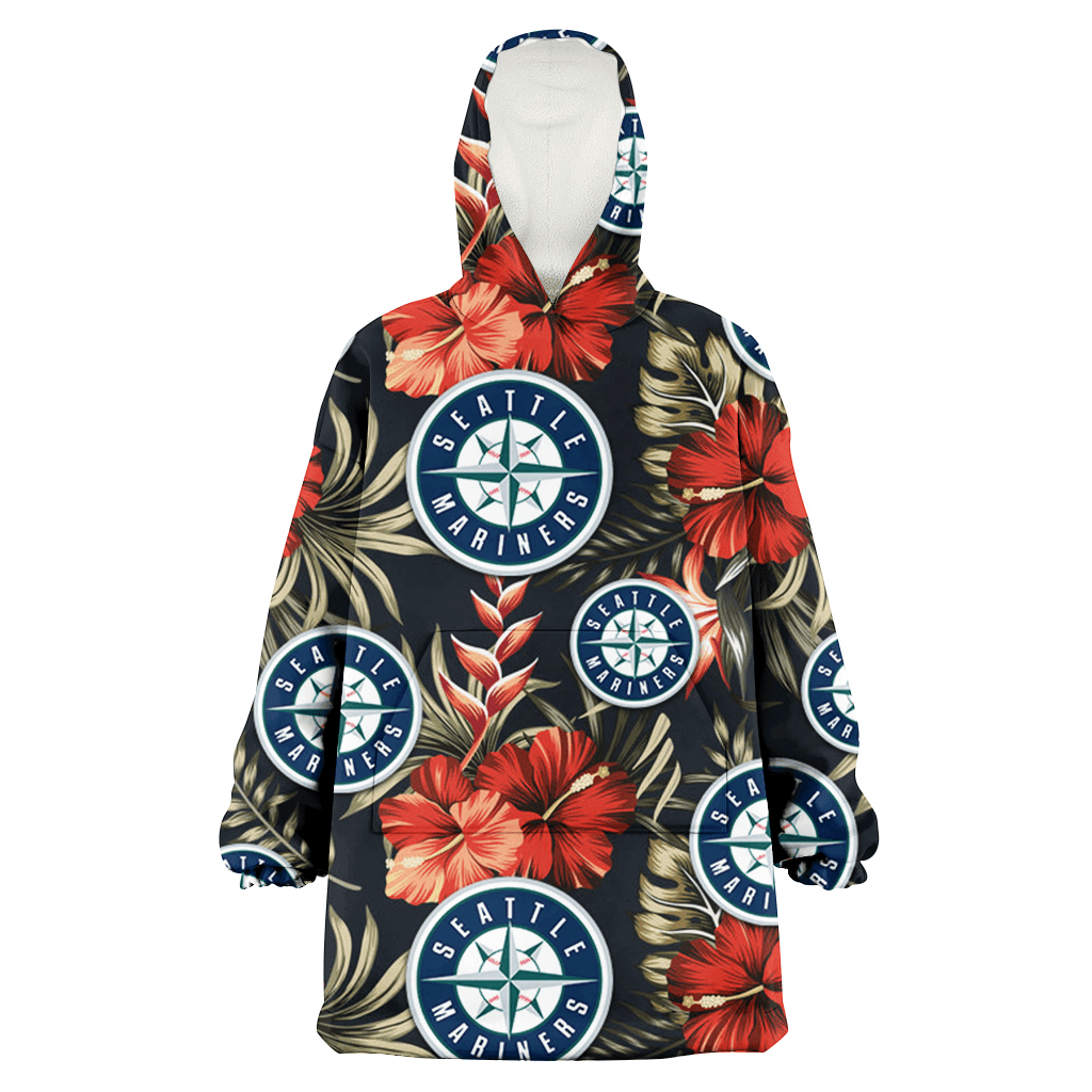 Seattle Mariners Red Hibiscus Green Leaf Dark Background 3D Printed Hoodie Blanket Snug Hoodie