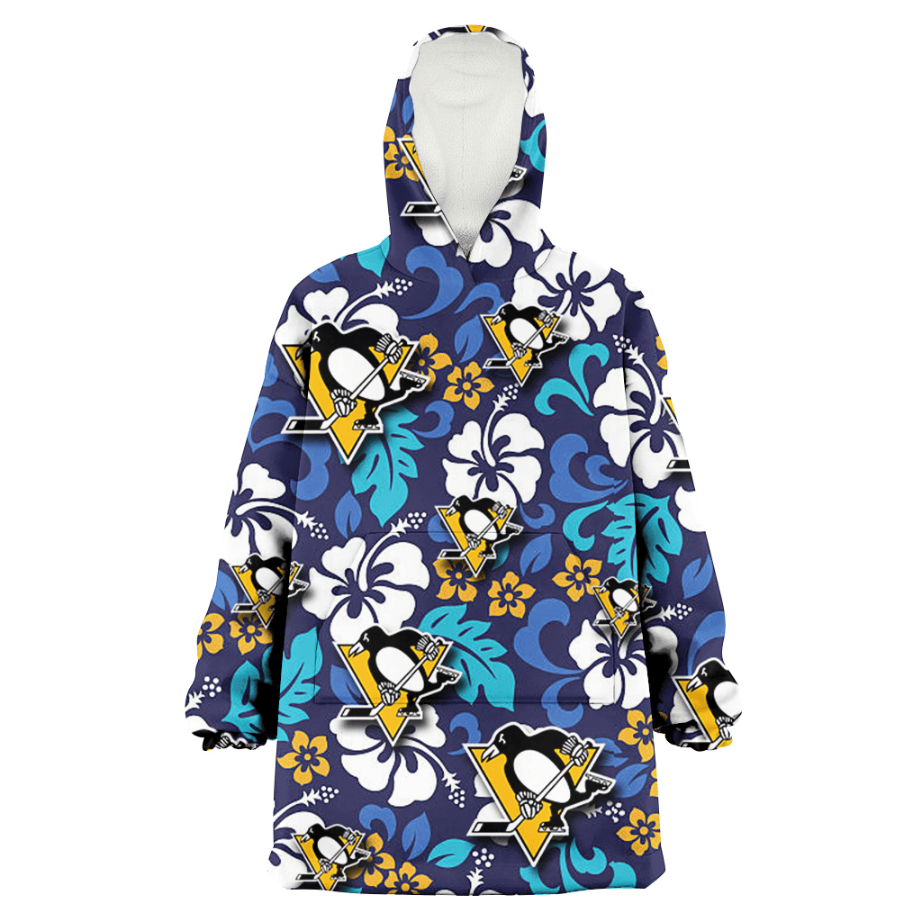 Pittsburgh Penguins White Hibiscus Ceramic Style Navy Background 3D Printed Hoodie Blanket Snug Hoodie