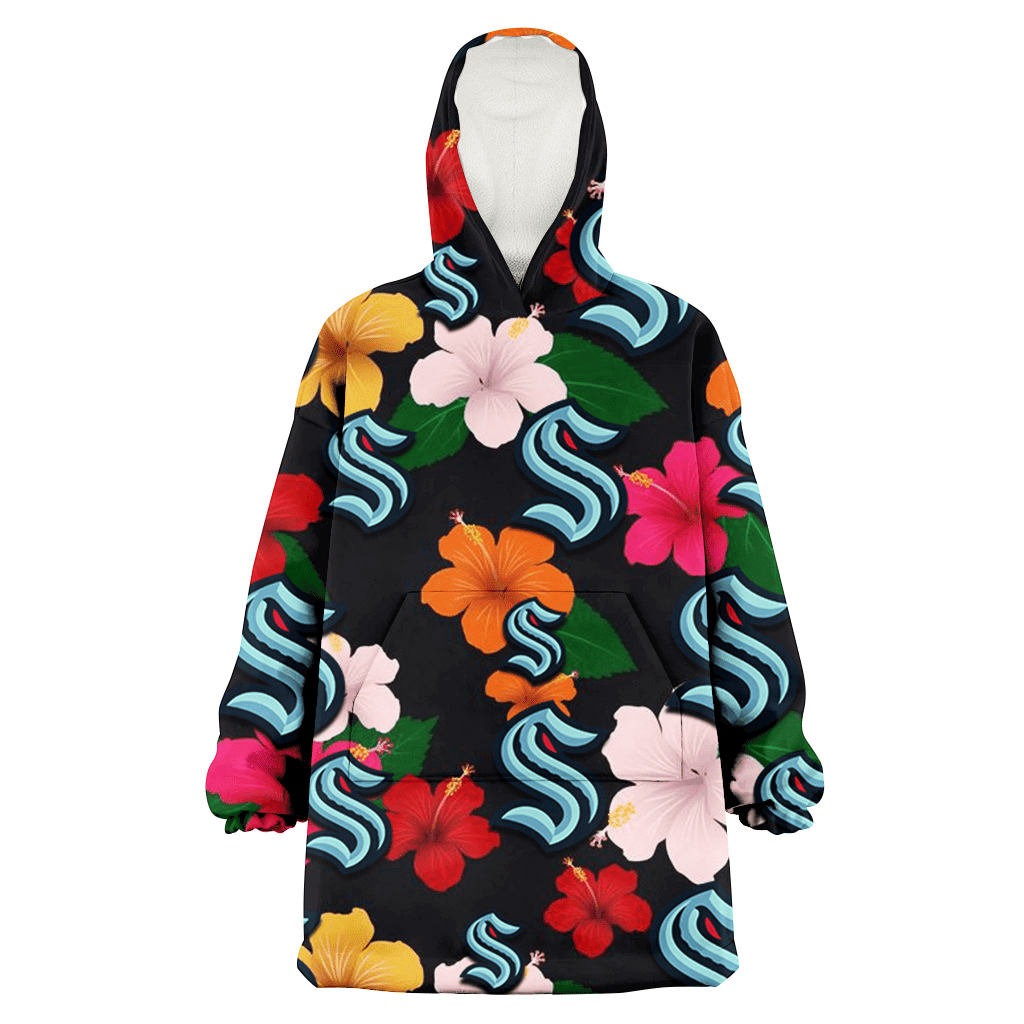 Seattle Kraken Pink Orange Yellow White Hibiscus Black Background 3D Printed Hoodie Blanket Snug Hoodie