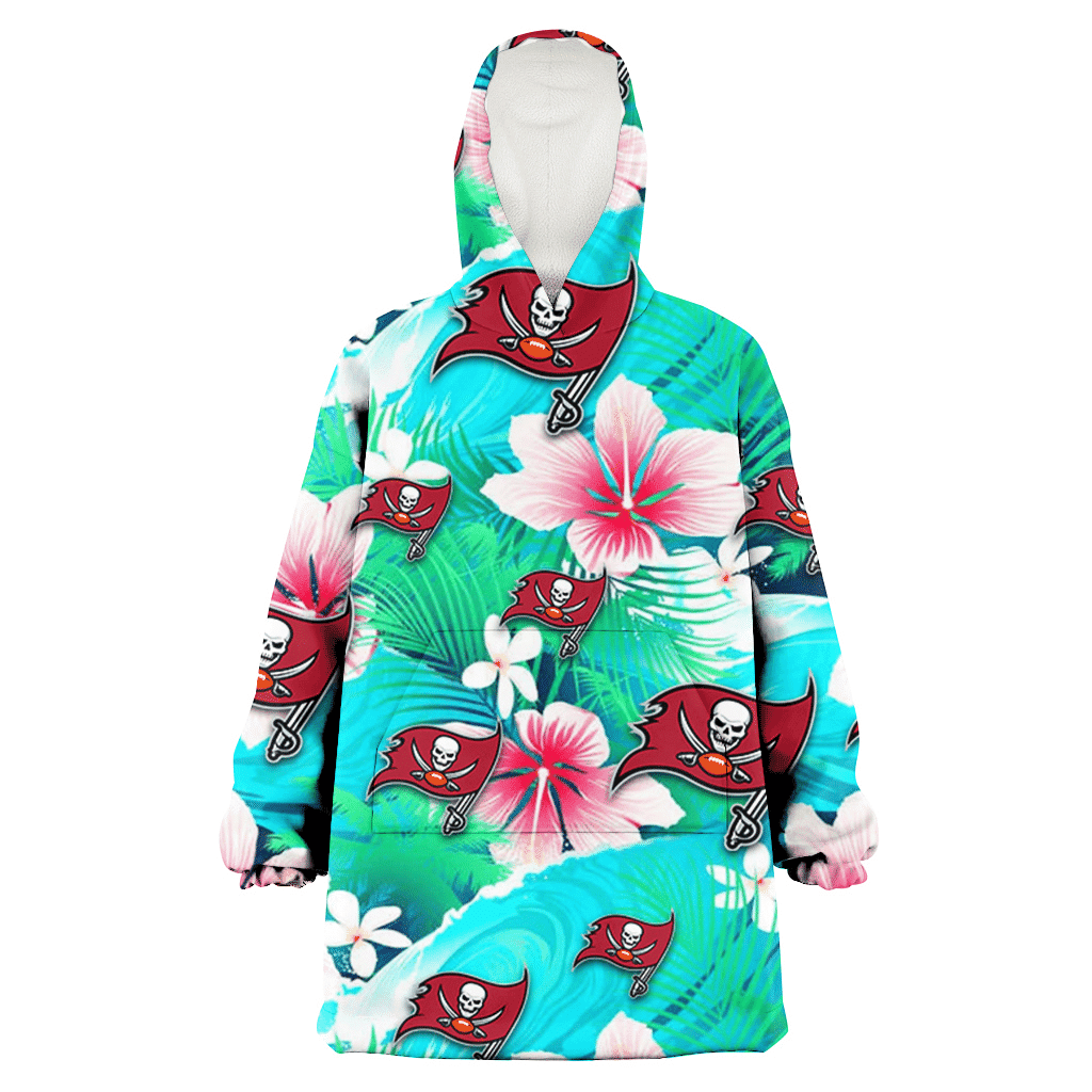 Tampa Bay Buccaneers Pink Hibiscus Green Leaf Blue Background 3D Printed Hoodie Blanket Snug Hoodie