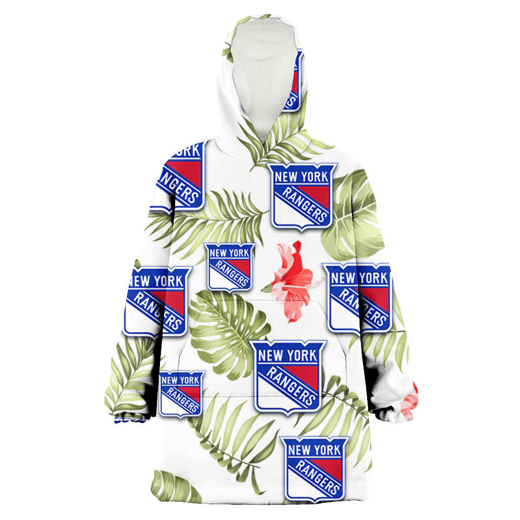 New York Rangers Light Salmon Hibiscus Green Leaf White Background 3D Printed Hoodie Blanket Snug Hoodie