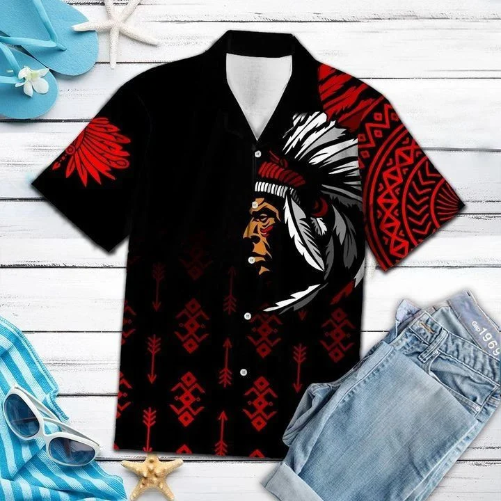 Native American With Hat Of Feathers Black And White Theme Hawaiian Shirt