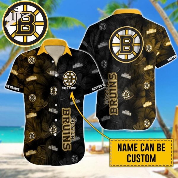 Custom Name Nhl Boston Bruins Team Name And Tropical Pattern 3D Hawaiian Shirt