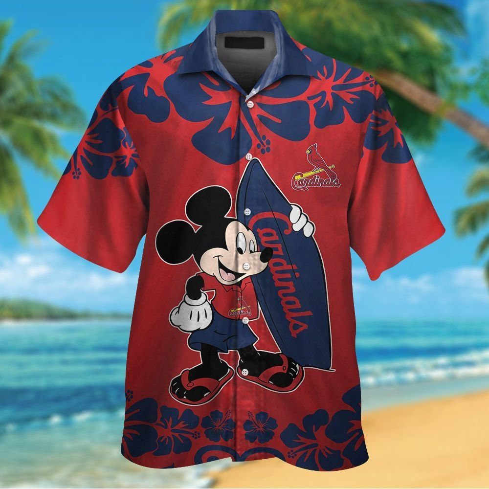 St Louis Cardinals Mickey Mouse Short Sleeve Button Up Tropical Hawaiian Shirt