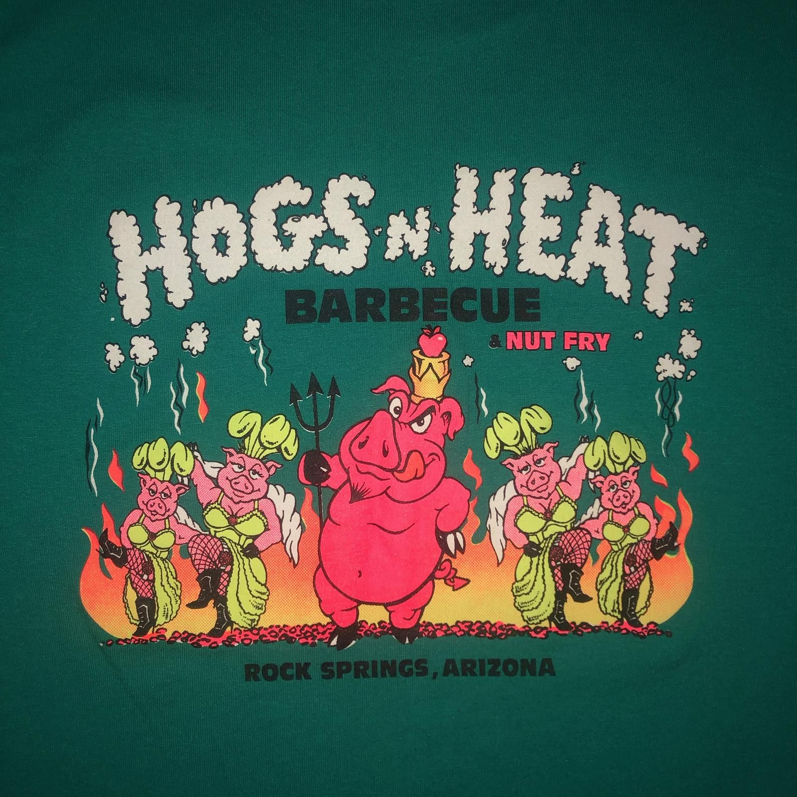 Vintage 90S Hogs N Heat Bbq T Shirt Nut Fry Arizona Tourist Rock Springs Single Stitch 1990S