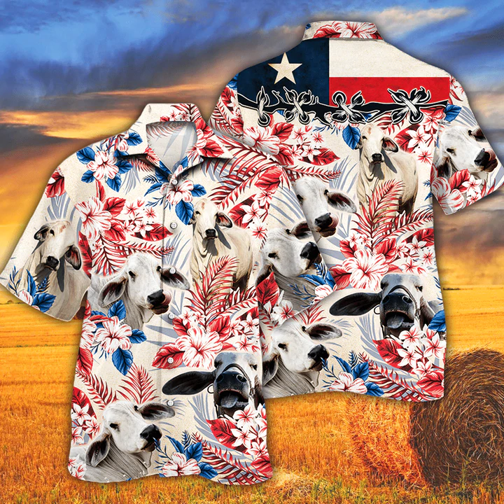 Brahman Cattle Lovers Texas Flag Hawaiian Shirt, Cow Flower Aloha Shirt, Hawaiian Shirt Men, Women