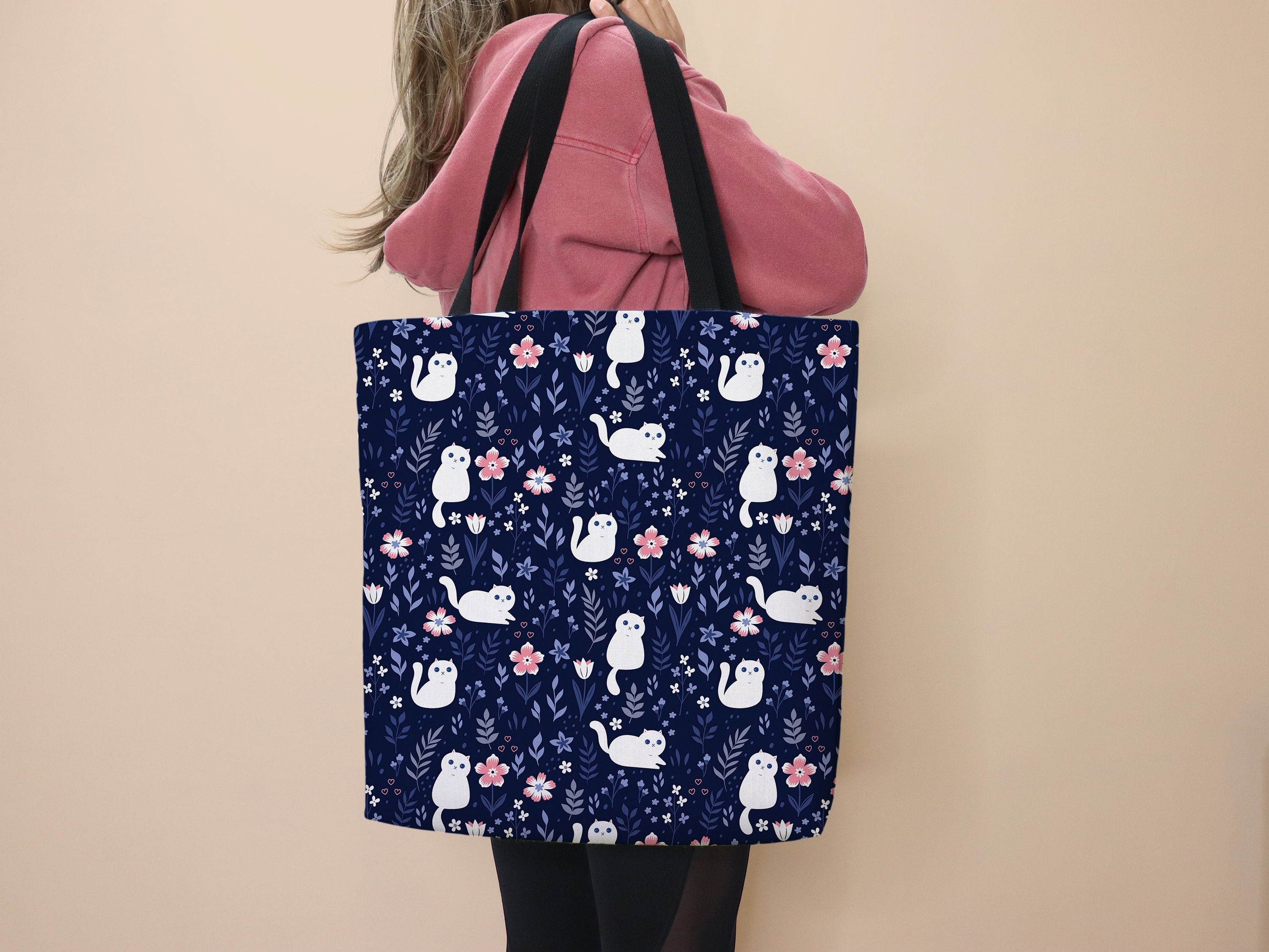 White Cat Tote Bag Cat White Bag School Tote Cat Lover Kitty Owner Cat Mom Gift Cute Bag White Cat Tote Grocery Bag Cat Work Tote Canvas