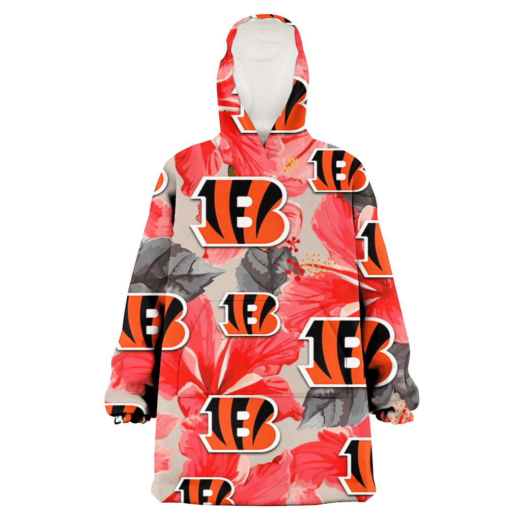 Cincinnati Bengals Red Hibiscus Gray Leaf Beige Background 3D Printed Hoodie Blanket Snug Hoodie