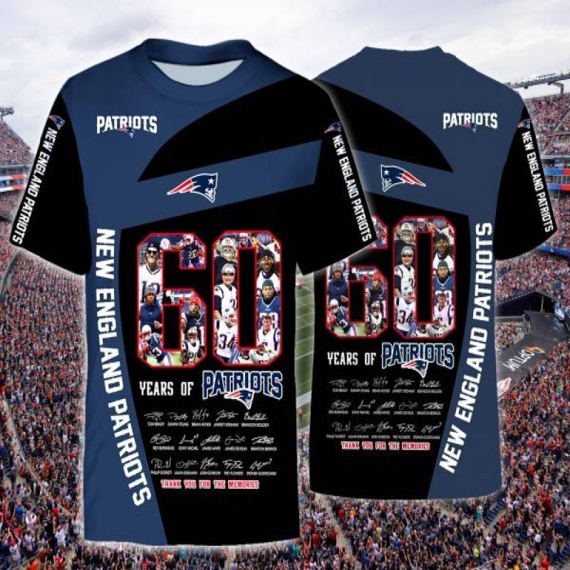 New England Patriots 60 Years Of Patriots All Over Print 3D T-Shirt, New England Patriots Apparel