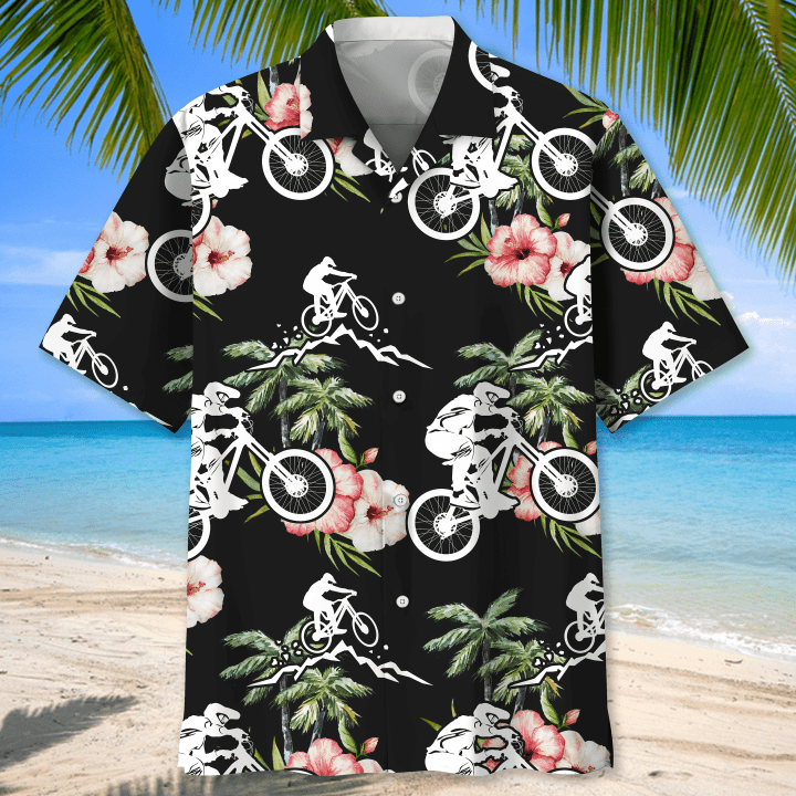 Mountain Bike Nature Flower Hawaiian Shirt, Men’S Hawaiian Shirt Tropical Aloha Shirts Short Sleeve Beach Holiday Casual Shirts