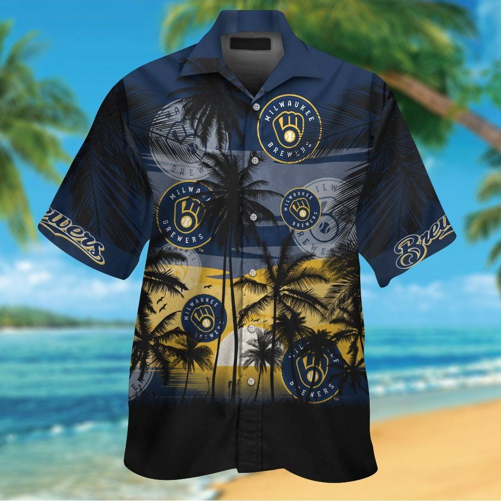 Milwaukee Brewers Short Sleeve Button Up Tropical Shirt Hawaiian Shirt