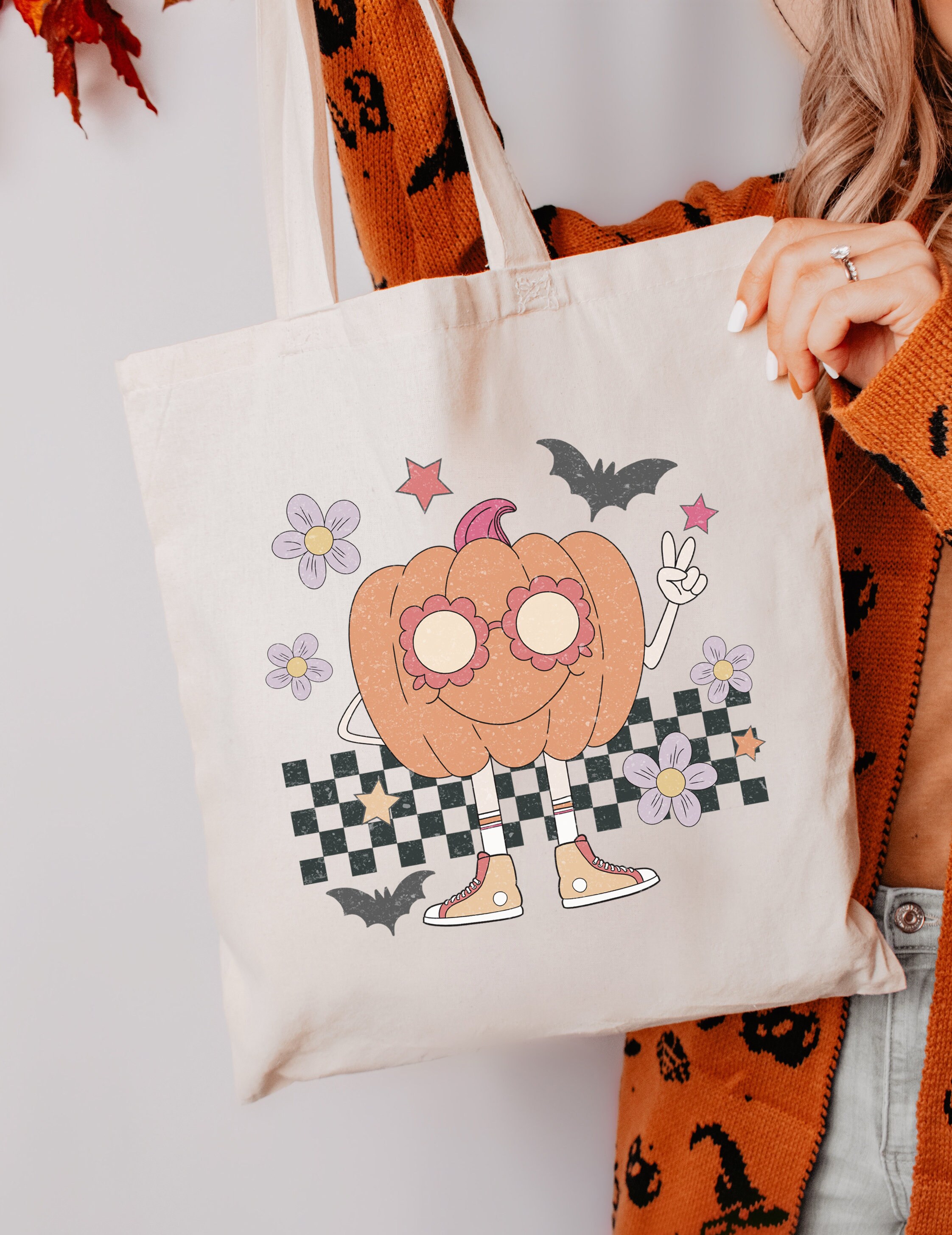 Halloween Tote Bag Trick or Treat Bag Halloween Trick or Treat Bag Halloween Candy Bag Canvas Retro Halloween Aesthetic Pumpkin Tote Bag