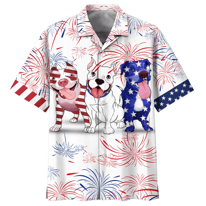 Cute Pitbull Pattern Red And Blue Firework Hawaiian Shirt