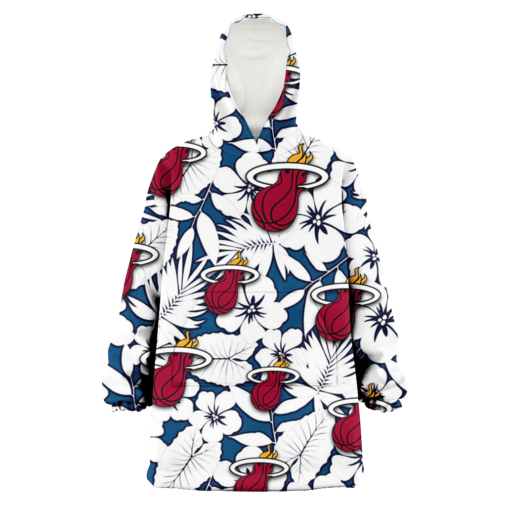 Miami Heat White Hibiscus And Leaves Blue Background 3D Printed Hoodie Blanket Snug Hoodie