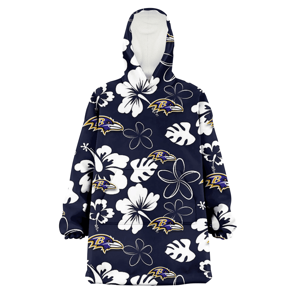 Baltimore Ravens White Hibiscus Sketch Porcelain Flower Navy Background 3D Printed Hoodie Blanket Snug Hoodie